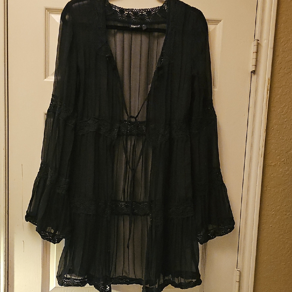 Cejon Black Sheer Lace Kimono Cover-Up